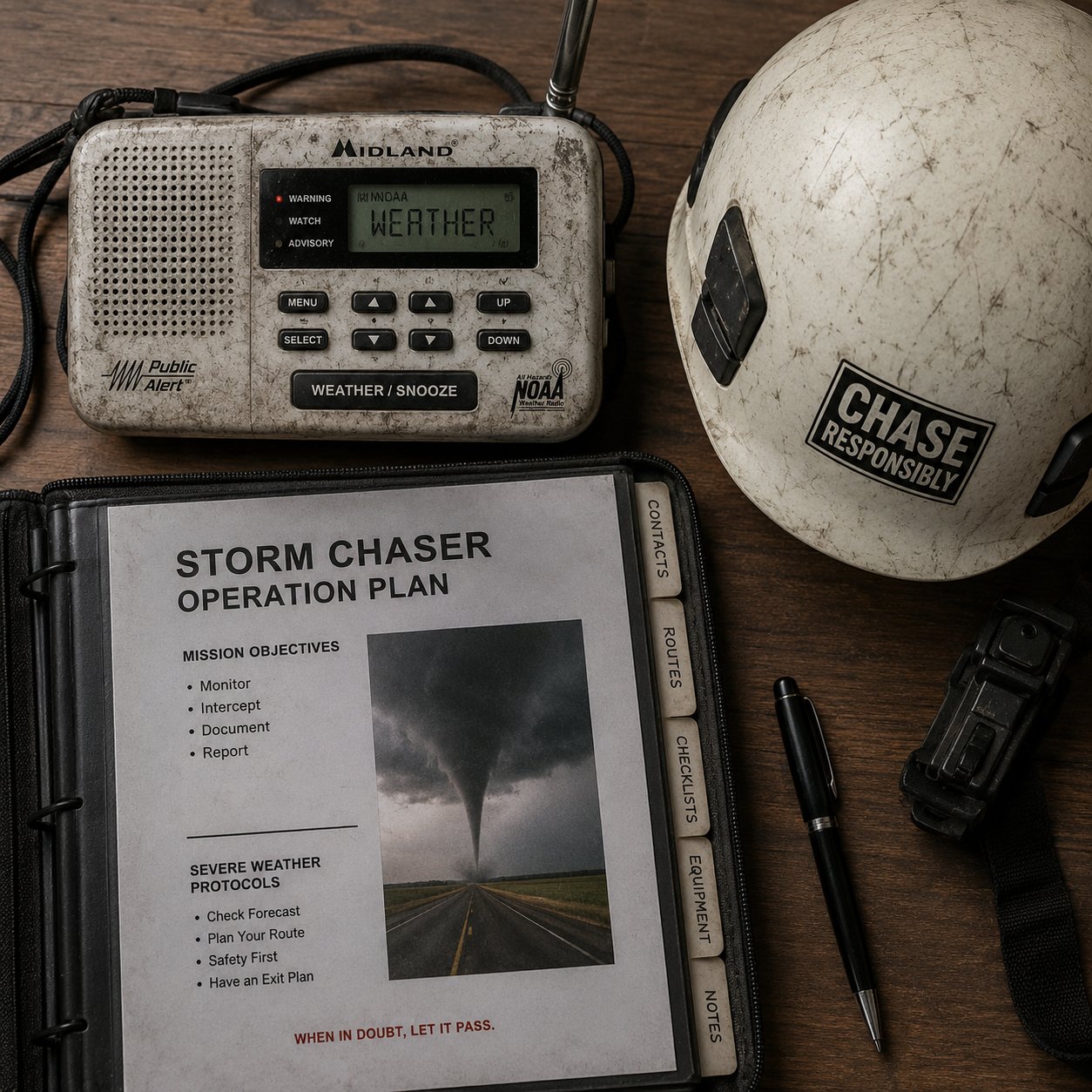 NOAA weather radio, helmet and field binder laid out on a table