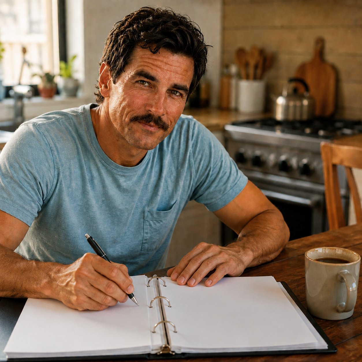 Paul Raymond filling in the printed binder at a kitchen table