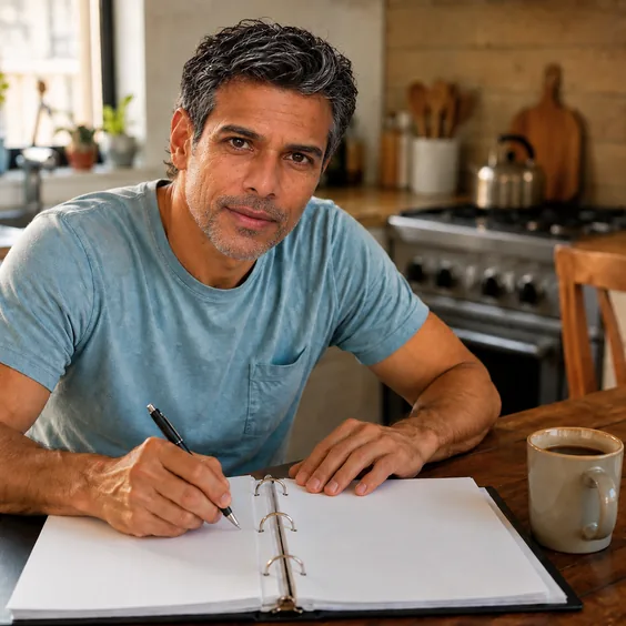 Paul Raymond filling in the binder at a kitchen table