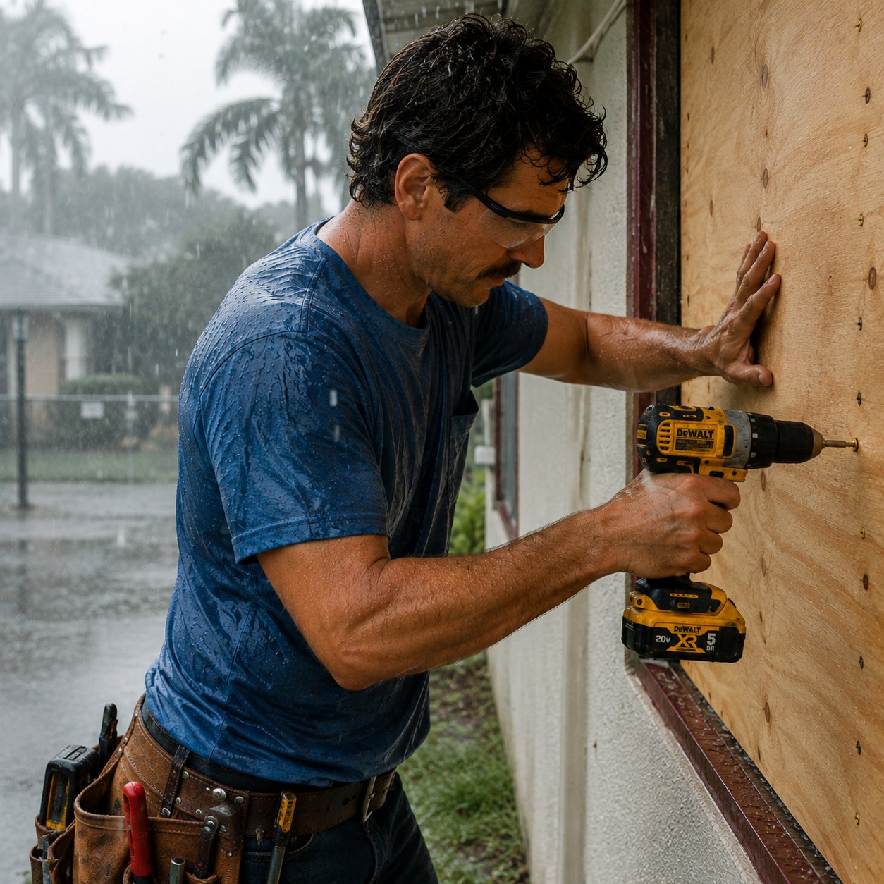 Paul Raymond fastening plywood window protection in driving rain