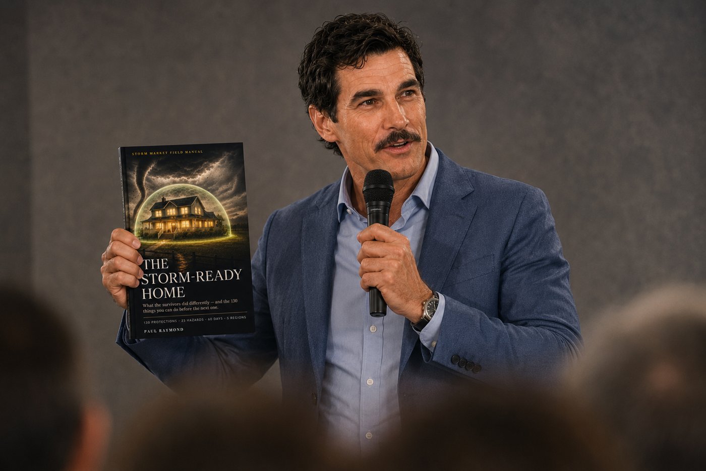 Paul Raymond holding The Storm-Ready Home while speaking to an audience