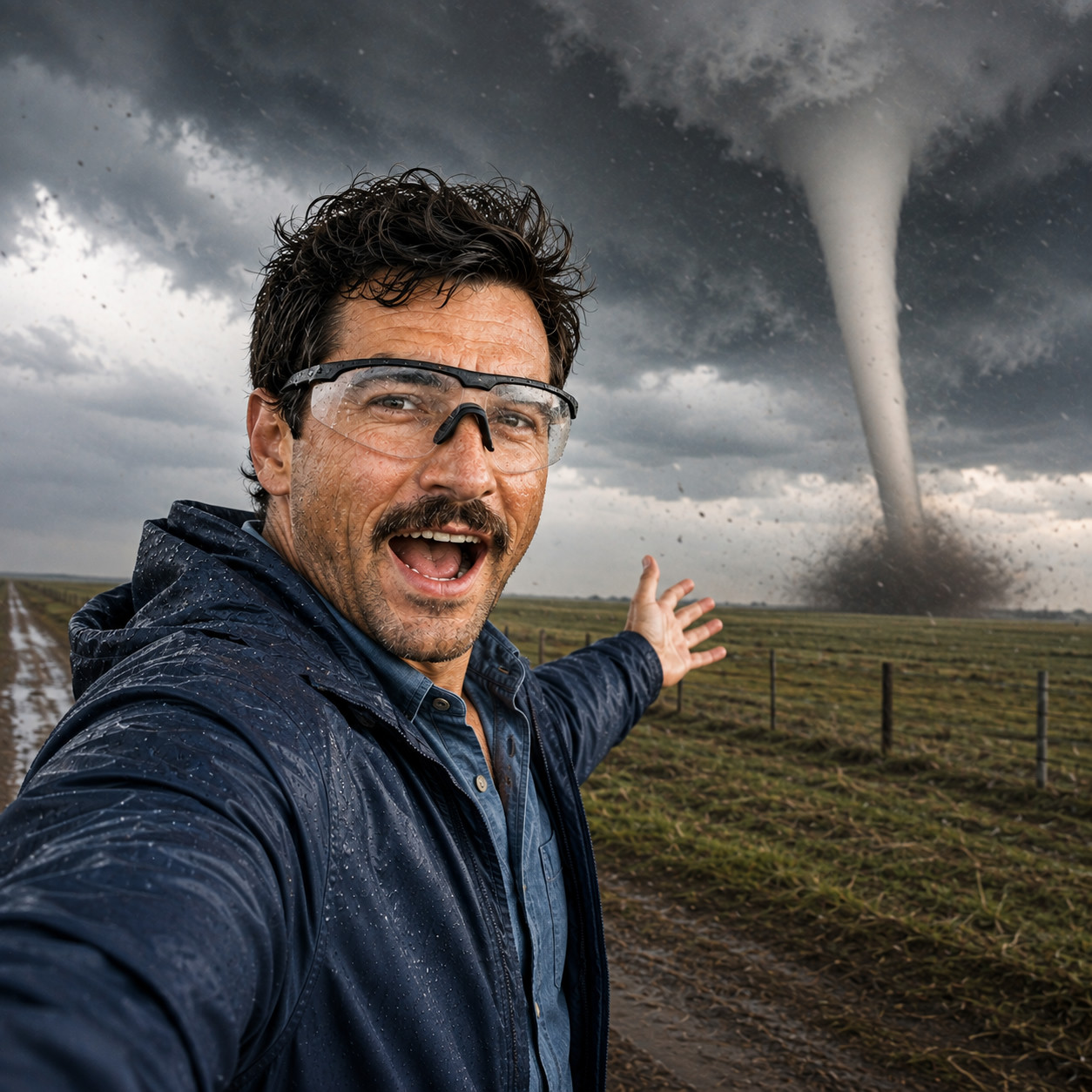 Paul Raymond in the field, a tornado on the ground behind him